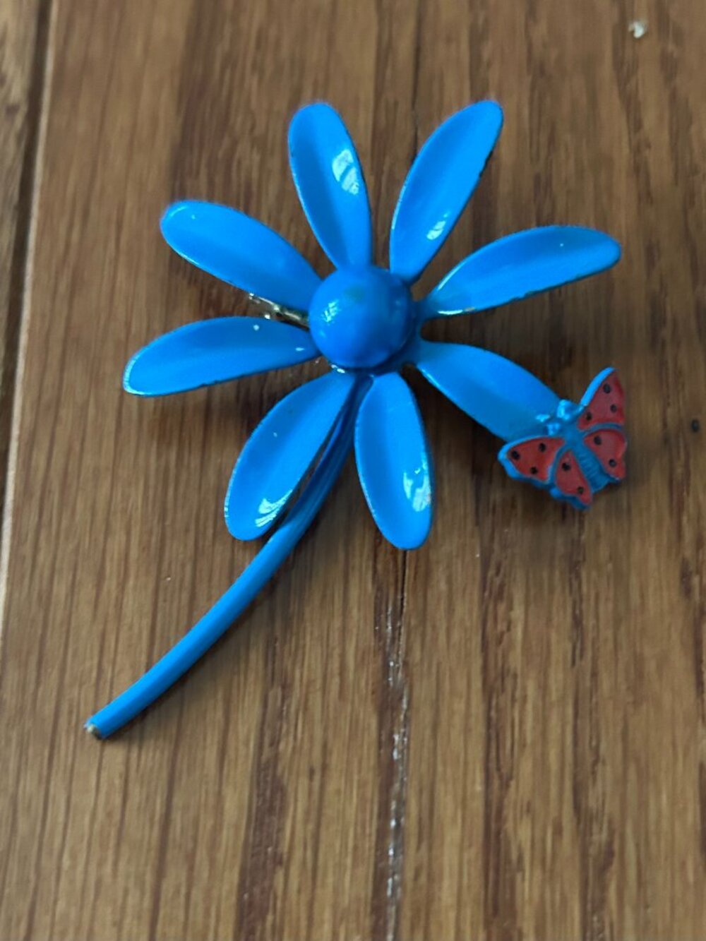 Vintage 1960s Blue Enamel Flower Brooch with Red Butterfly